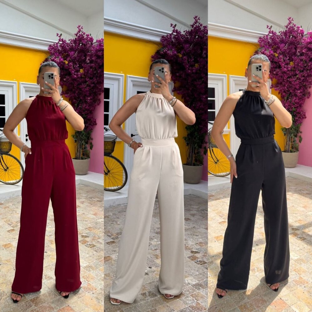 Chic Halter Neck Wide-Leg Jumpsuit in Burgundy, Silver, Black -Size S, M, L, XL